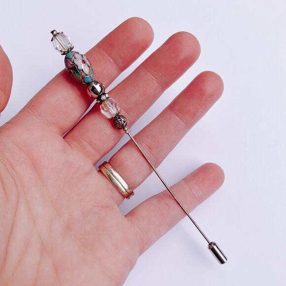 Vintage Mid Century Cloisonné Hat Pin AB Glass Beads Floral Stick Pin 1950s - Picture 2 of 16